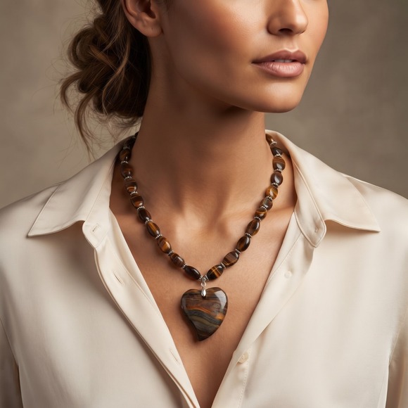 Jewelry - Vintage Brown Tiger Eye Tiger Iron Heart Pendant Necklace Boho Statement